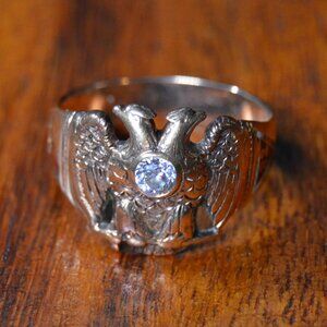 Vintage 14k Gold Double-Eagle Level 32 Freemasons Ring with 0.25 Carat Diamond